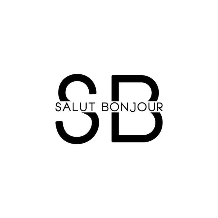 Un logo en noir et blanc avec ’SB’ en grandes lettres et ’SALUT BONJOUR’ en lettres plus petites.