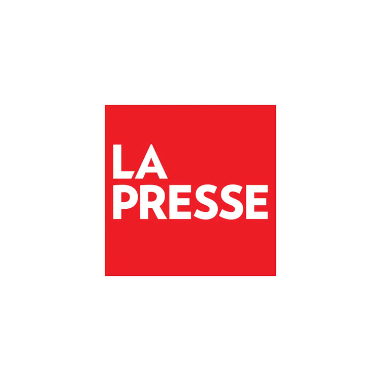 Carré rouge avec les mots ’LA PRESSE’ en lettres majuscules blanches.